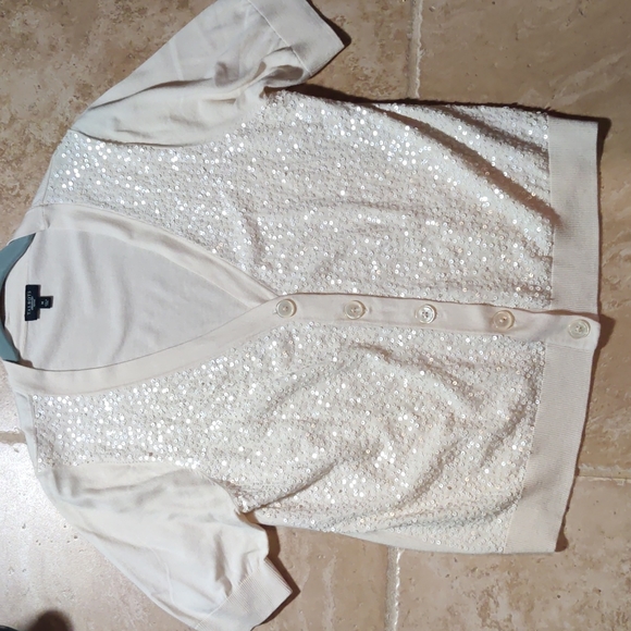 Talbots medium Ivory sequined short sleeve button down v-neck cardigan cotton - Picture 1 of 5